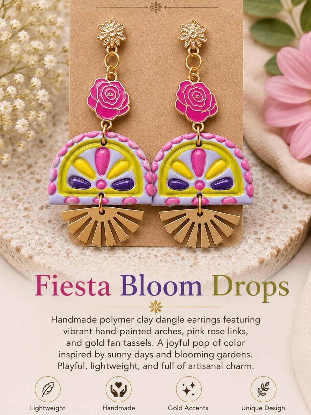 Handmade Pink & Yellow Floral Arch Dangle Earrings